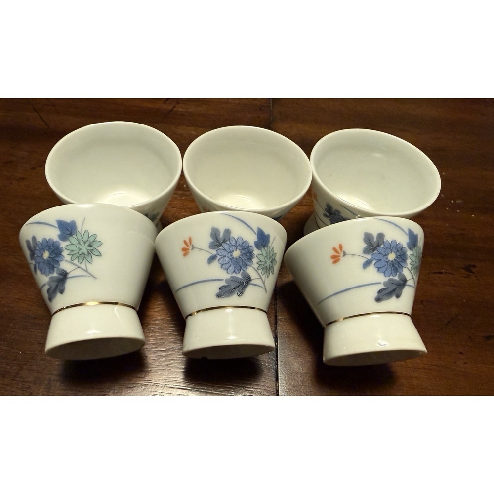 Vintage OMC Japan Blue chrysanthemum flowers Porcelain Sake Cups 6 Pc